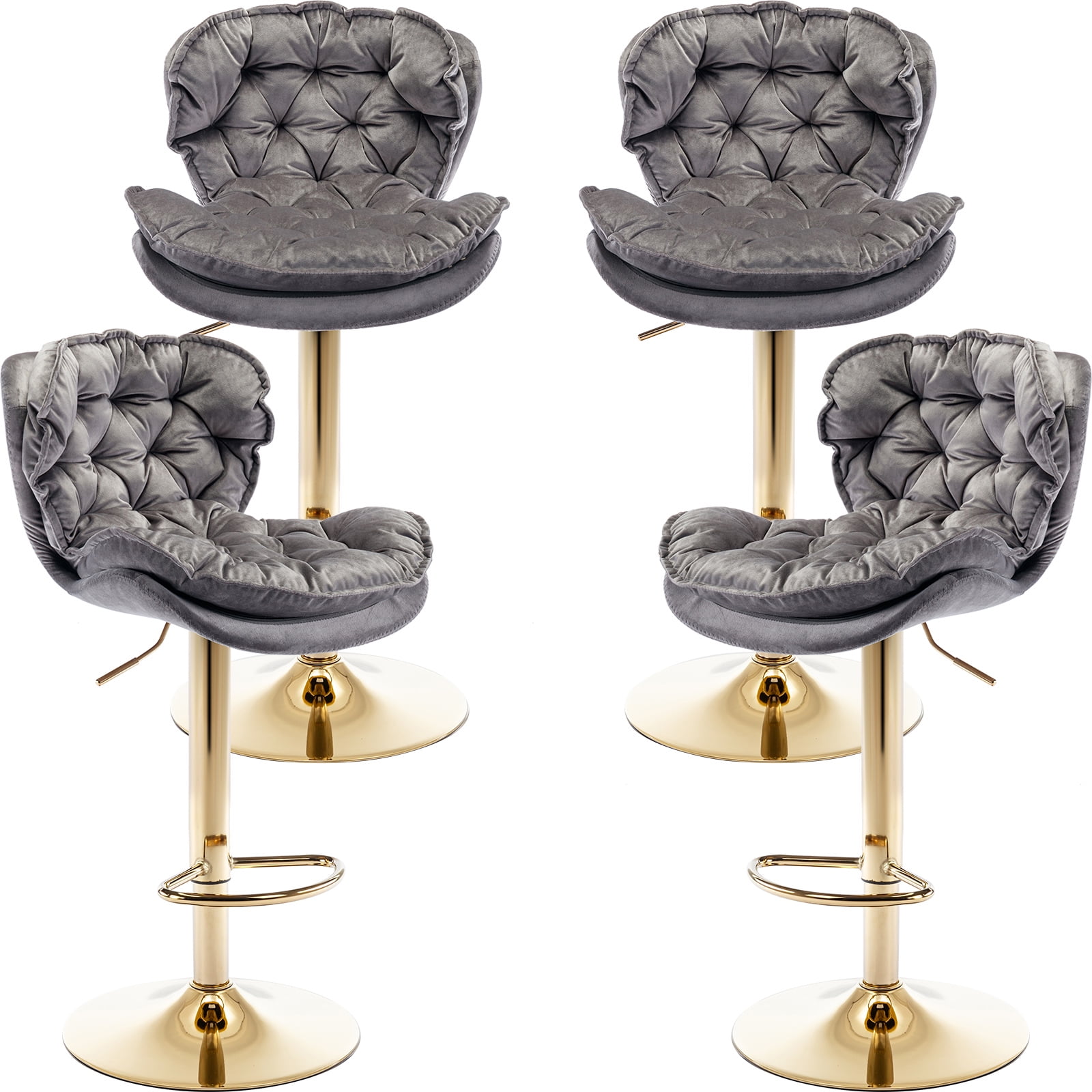 Gray Velvet Swivel Bar Stools Set of 4 with Upholstered Back, 2533