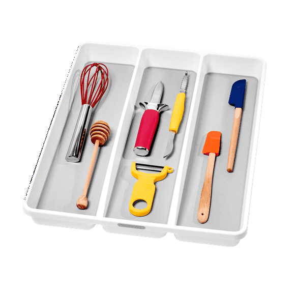 madesmart Large Utensil Tray, 3-Compartment Kitchen Drawer Organizer, Soft-Grip Lining, Non-Slip Feet, BPA-Free, White