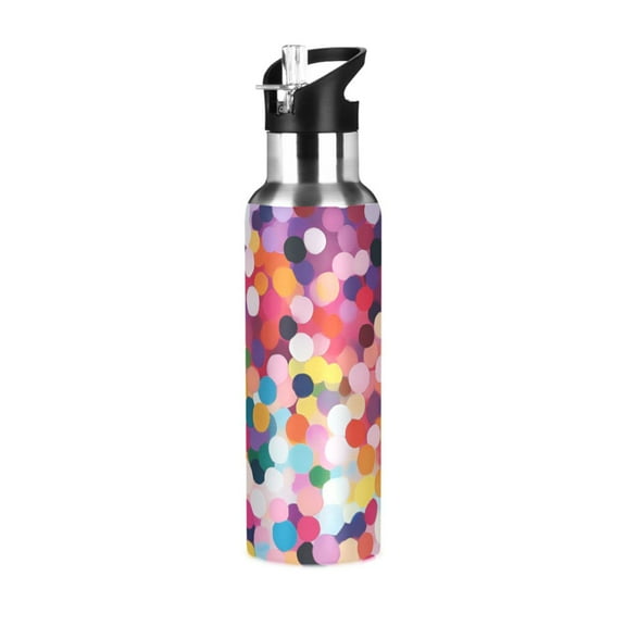 Yayeee 20oz Insulated Water Bottle Double Wall Stainless Steel with Flip Straw Lid, Black Colorful Circles