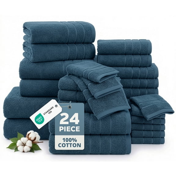 Casa Platino 24-Pack Towels Set for Bathroom – 100% Ring-Spun Cotton, 2 Bath Sheets, 2 Gym Towel, 2 Bath, 4 Fingertip, 6 Hand, 8 Washcloths, Hotel Quality, Easy to Wash – Steel Blue