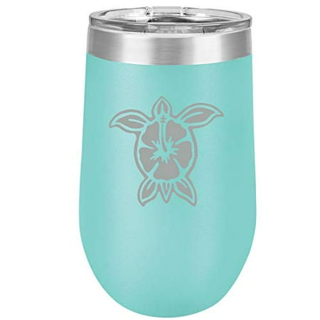 

16 oz Double Wall Vacuum Insulated Stainless Steel Stemless Wine Tumbler Glass Coffee Travel Mug With Lid Hibiscus Turtle (Teal)