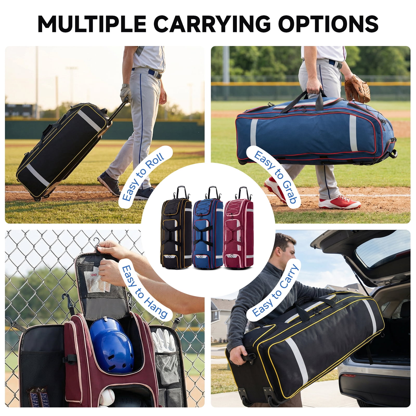 Fegat Rolling Baseball Bag with Wheels,90L Large Softball Bag Catchers Gear Bags for 8 Bats,Equipment Bag with 5 Fence Hooks,Reflective Strip,Shoe Compartment,Holds All Softball Baseball Equipment