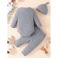 thumbnail image 6 of Aojekbee Baby Boy Fall Outfit Letter Print Long Sleeve Romper with Long Pants and Hat 3 Pcs Set, 6 of 10
