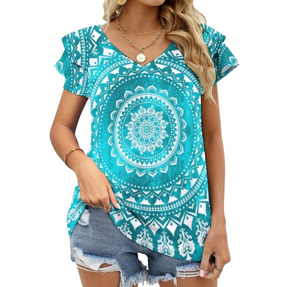 Mandala Turquoise Lotus Leaf Neck Women'S T-Shirt Cute Elegant Tops Tees Long Sleeve T-Shirts Casual Shirts Mandala Wall