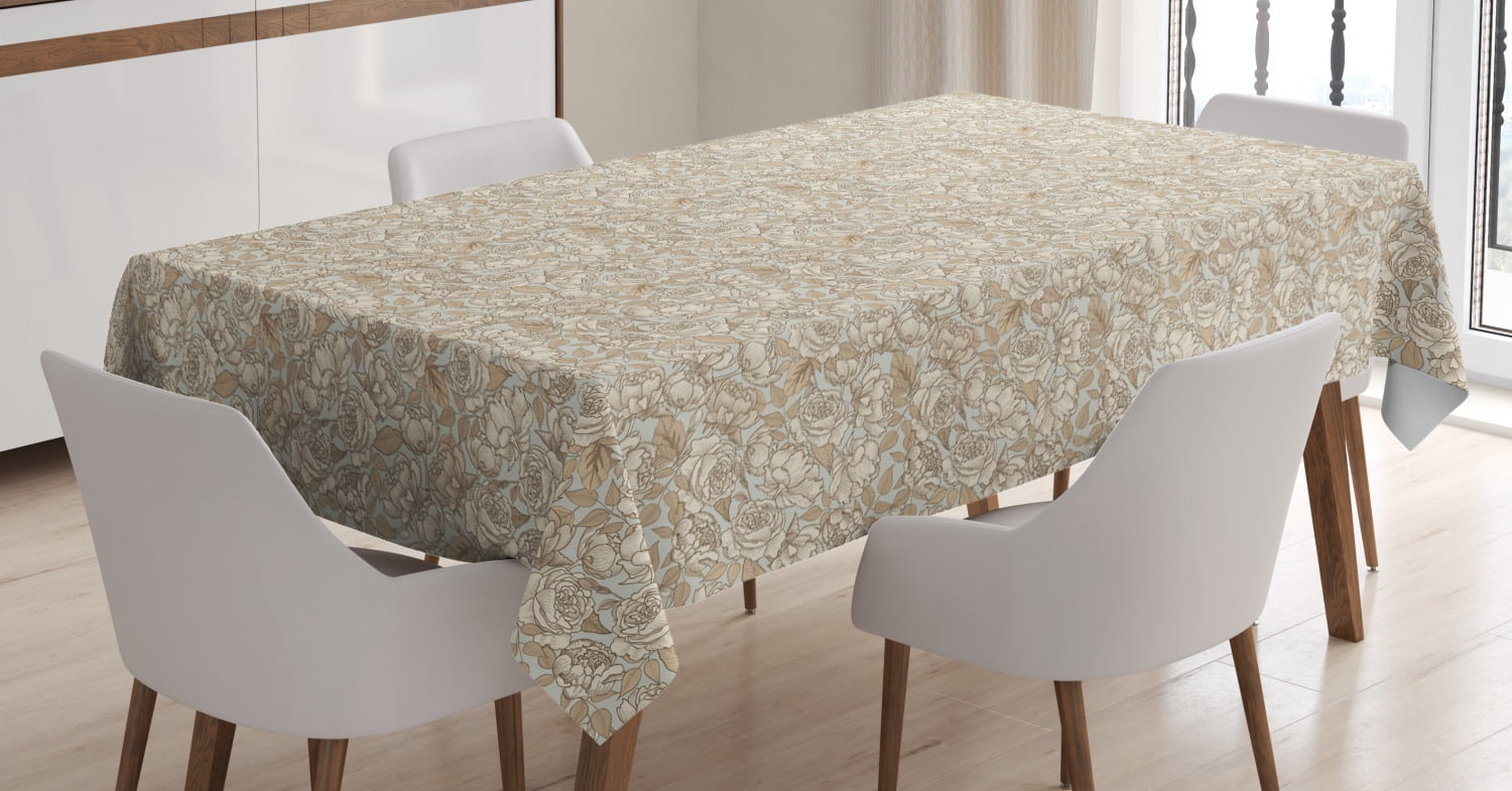 Beige Tablecloth, Floral Ornamental Pattern with Wedding Bouquet
