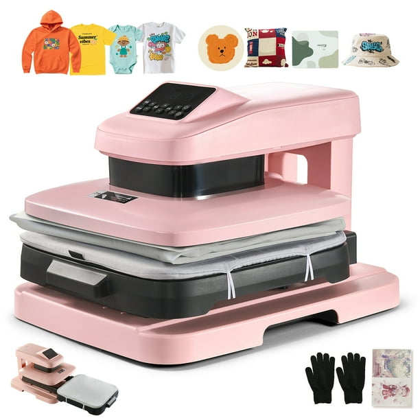 Máquina de prensado termico automático VEVOR para camisetas, 38 x 38 cm, placa termica rosa