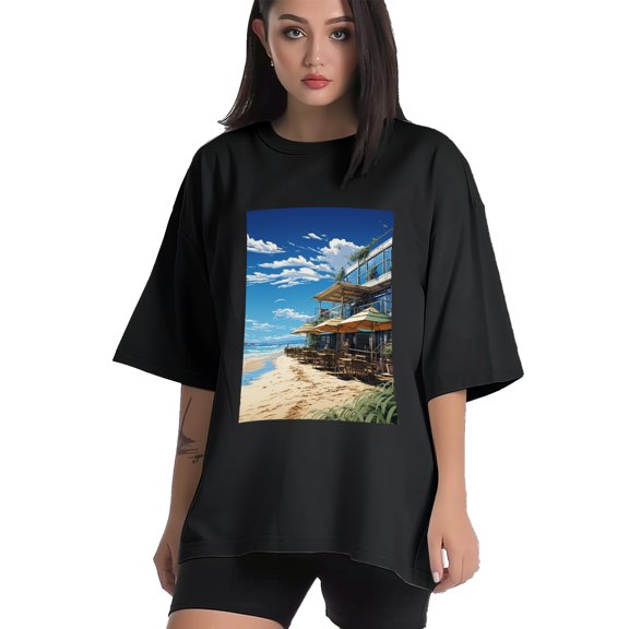 Plus Size Shirt for Women Black Tops for Women Short Sleeves Shirt for Women Seaside (54) T Shirt Crewneck Shirt for Women XS