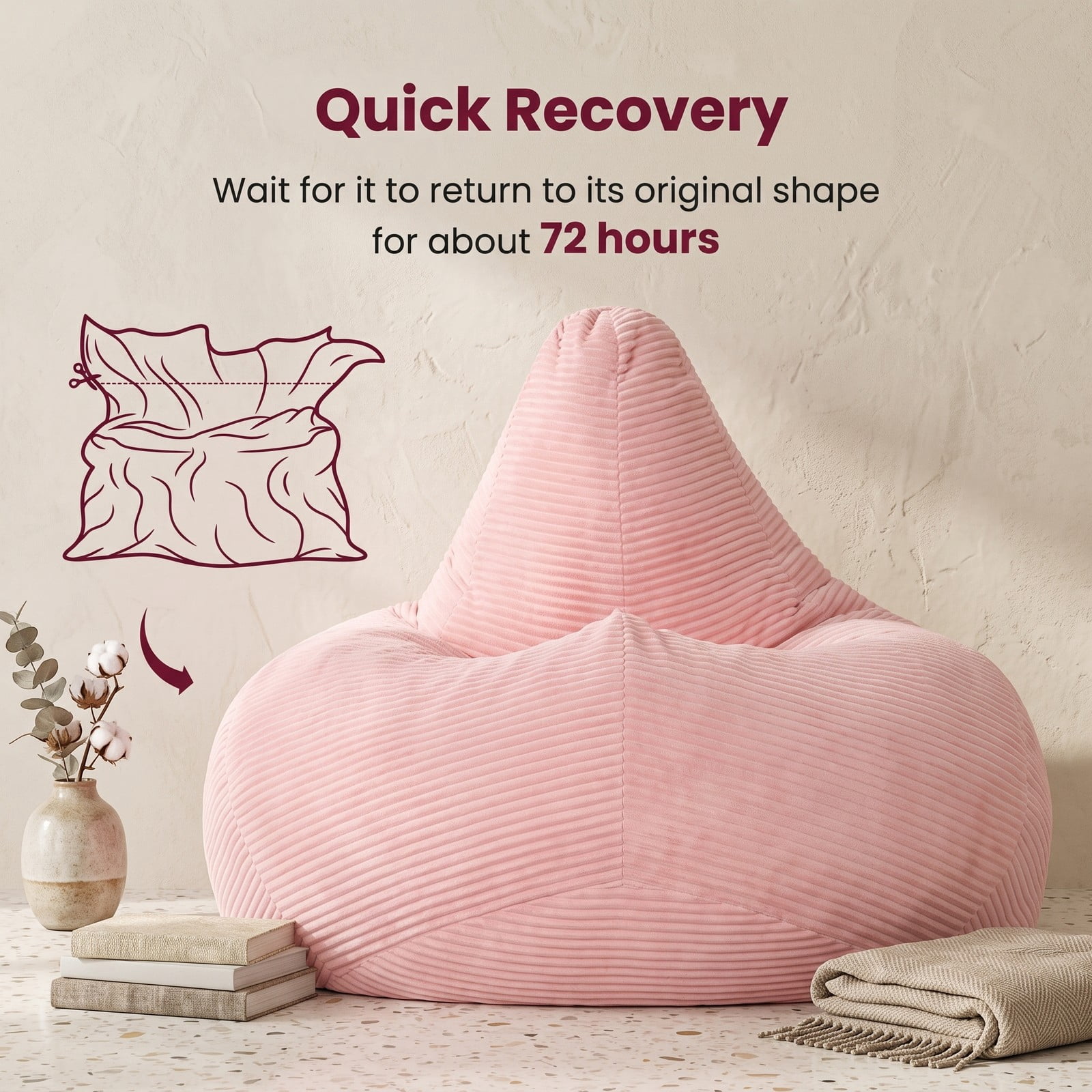 Furnibear Bean Bag Chair for Adults, Corduroy Lazy Lounger Accent Sofa with Soft Sponge Filling, Skin-Friendly Cover, Ergonomic Reading Gaming Seat for Bedroom, Pink