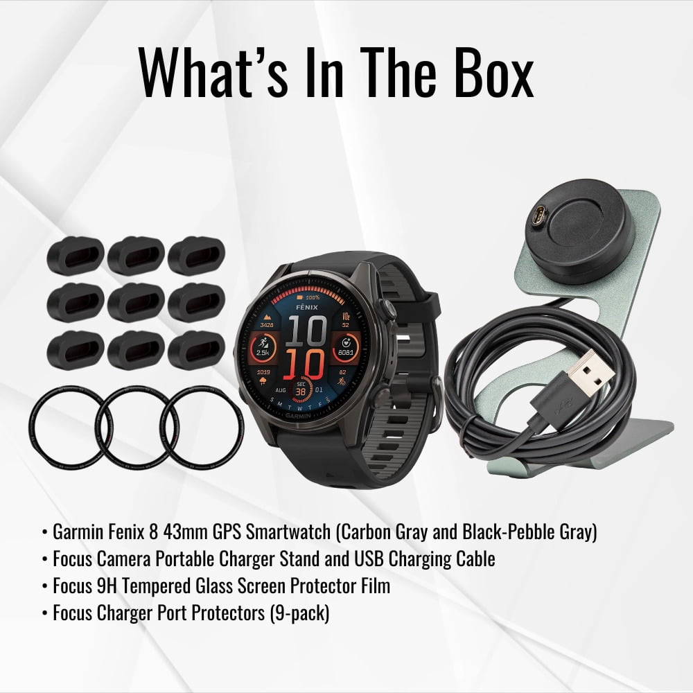 Garmin Fenix 8 43mm GPS Smartwatch (Carbon Gray DLC Titanium and Black-Pebble Gray) Bundle with Charger Stand and Cable, Screen Protector, and Charger Port Protector (4 Items)