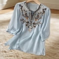 thumbnail image 4 of Summer Women Boho T-Shirts Floral V Neck Embroidered Tops Short Sleeve Loose Casual Flowy Trendy Shirts Sky Blue XL, 4 of 6