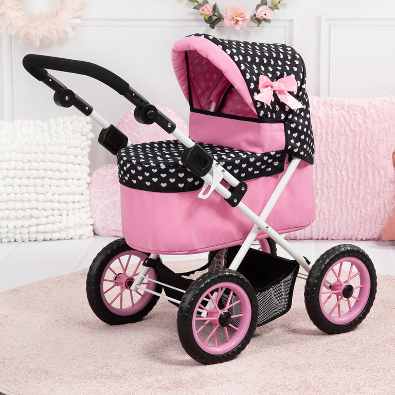 Trendy Doll Pram in Black Pink W Hearts Includes Matching Shoulder Bag Fits Dolls Up to 18 Walmart