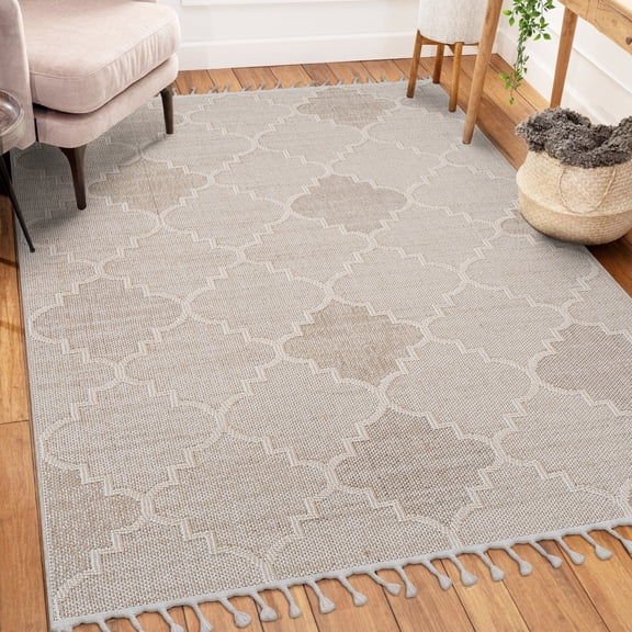 5x7 Cream Trellis Indoor Outdoor Area Rug Stain Resistant Non Shedding Soft Loop Pile Kid Pet Friendly Durable For Living Room Bedroom Dining Room Home Office