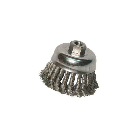 Knot Wire Cup Brush, 4 in Dia, 5/8-11 Arbor, .02 in Carbon Steel