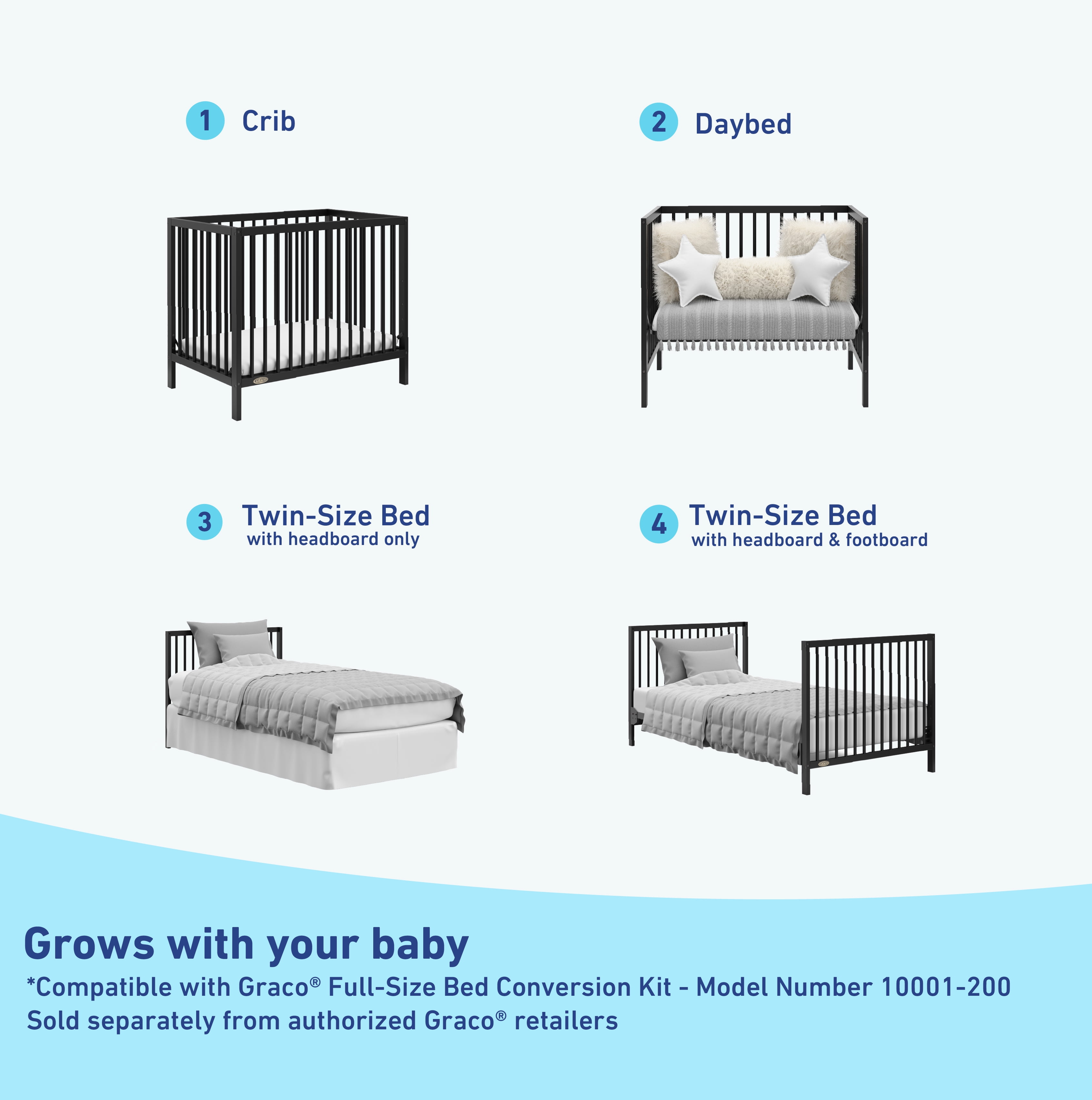 Graco Teddi 4-in-1 Convertible Mini Baby Crib with Mattress, Black