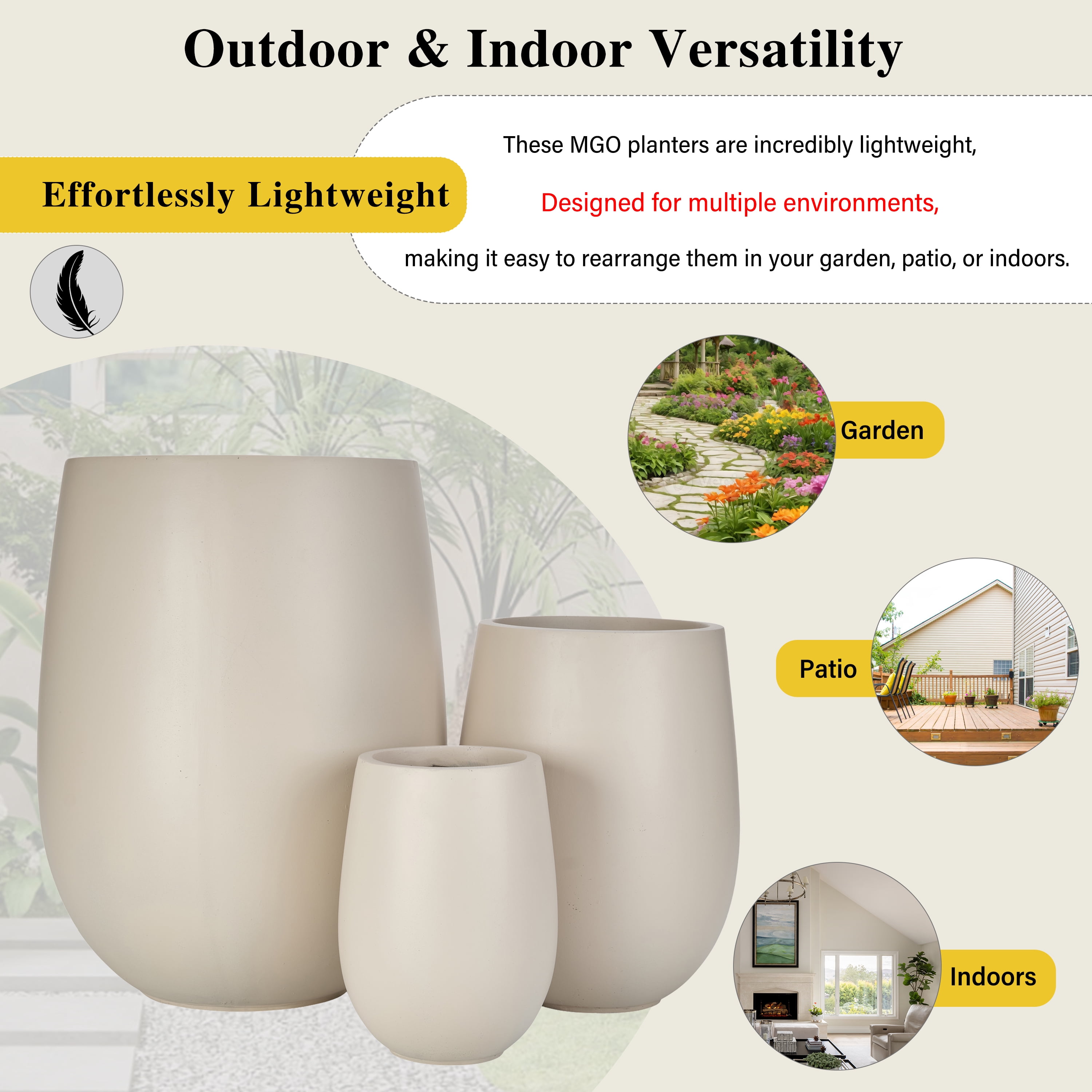 Mintazer Modern Planter Set of 3, 15.6"/10.74"/7.3" Round Stackable Flower Pots with Drainage Holes, Decorative Plant Pots for Indoor & Outdoor, Light Beige