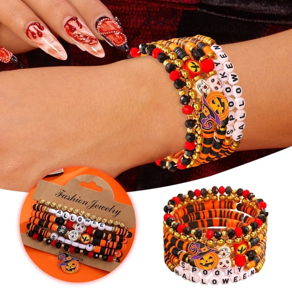 Orange Alloy Halloween Letter Clay Bracelet, Irregular Beaded Elastic Stackable Bracelet for Festive Season