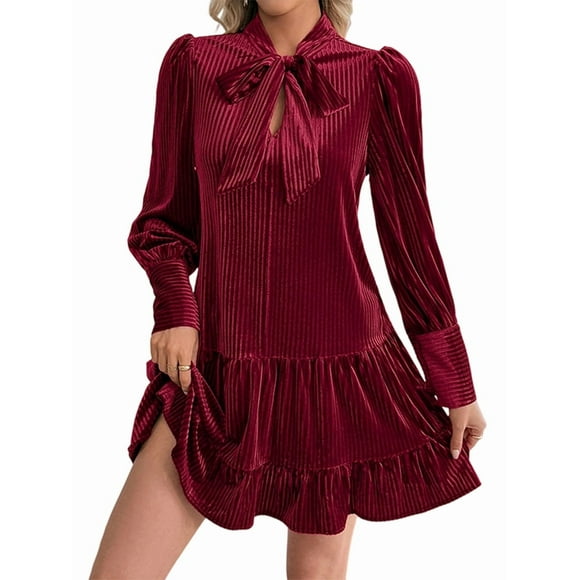 Female Loose Fit Bow-Tie Neck Long Sleeve Velvet Mini Babydoll Dresses Shift Dress Wine Red S
