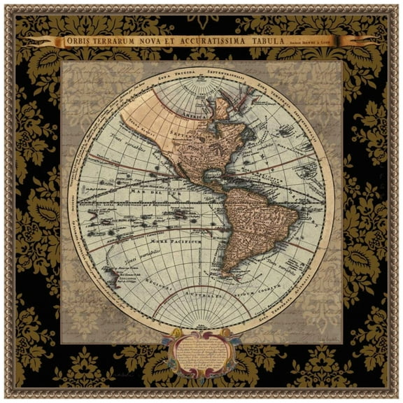 Amanti Art Damask on Black Map II Framed Canvas Wall Art Print