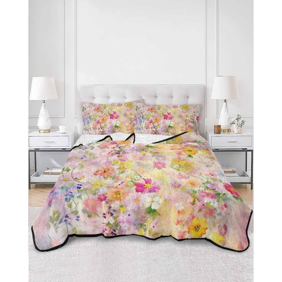 Quilts Full Size, Spring Floral Soft Comforter Bedding Set for Bed, Elegant Summer Flowers Botanical Watercolor Lightweight Quilted Bedspread with Pillow Cover(2 Pieces) for All Season, 78x90 Inch