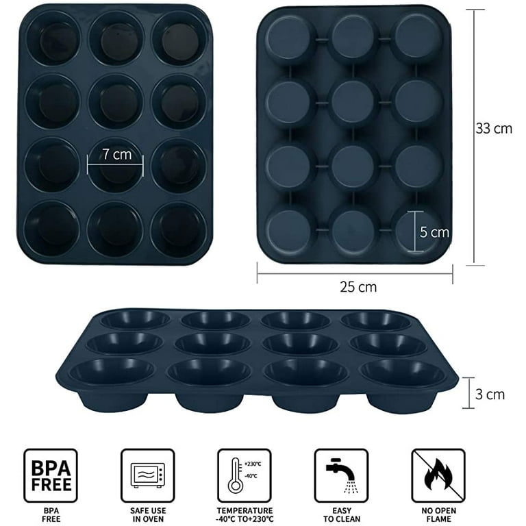 Pack of 2 Large Silicone Muffin Pans for 12 Muffins, Non-Stick Muffin Tray  Non-Stick Coated Baking Tray Baking Pan for Cupcakes, Brownies, Cakes,  Pudding 33 x 25 x 3 cm (Gray) 