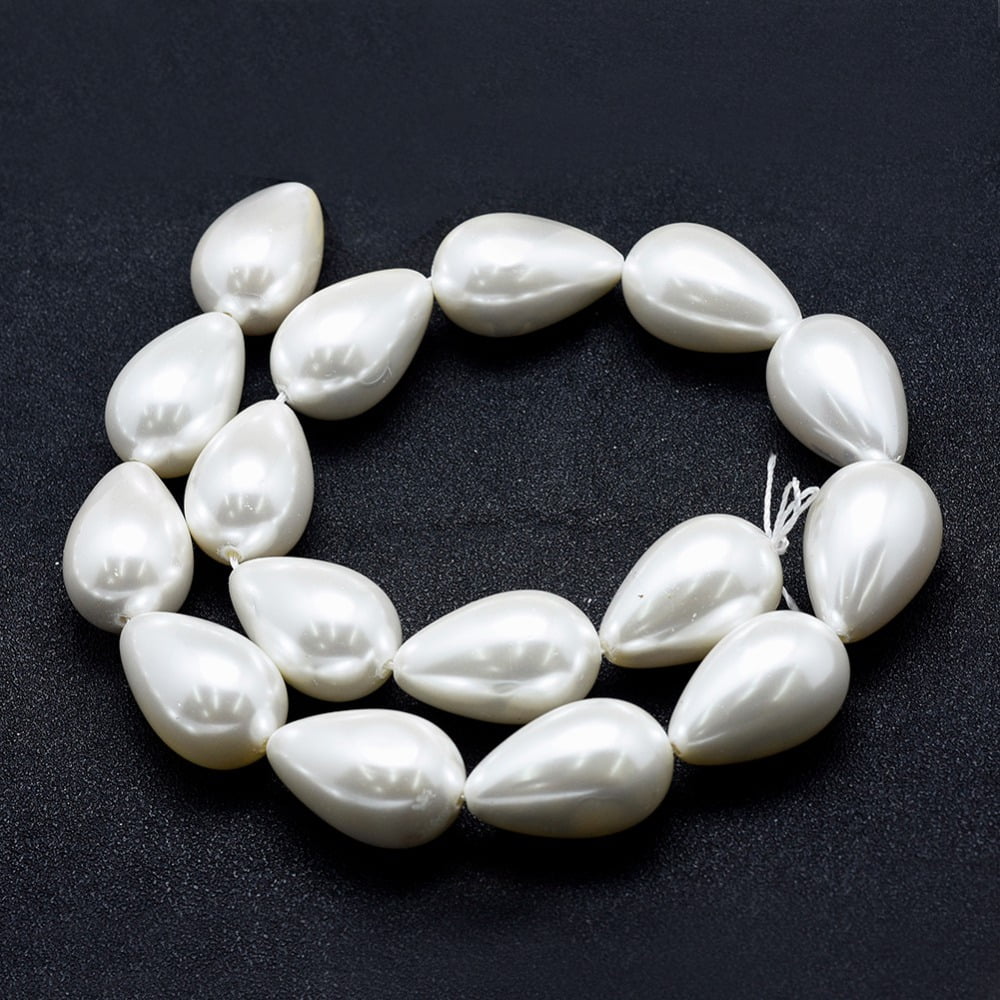 Electroplate Shell Pearl Beads Strands teardrop White 25x16mm Hole: 1~1.2mm about 16pcs/strand 15.7 inch(40cm)