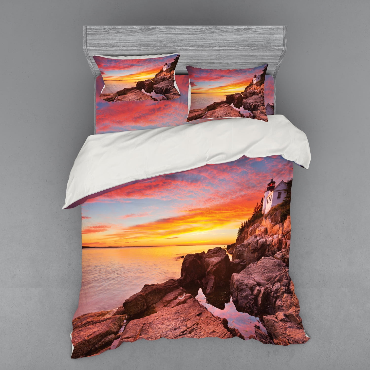 National Parks Duvet Cover Set, Lighthouse on the Harbor Sea Shoreline with Horizon Sky New