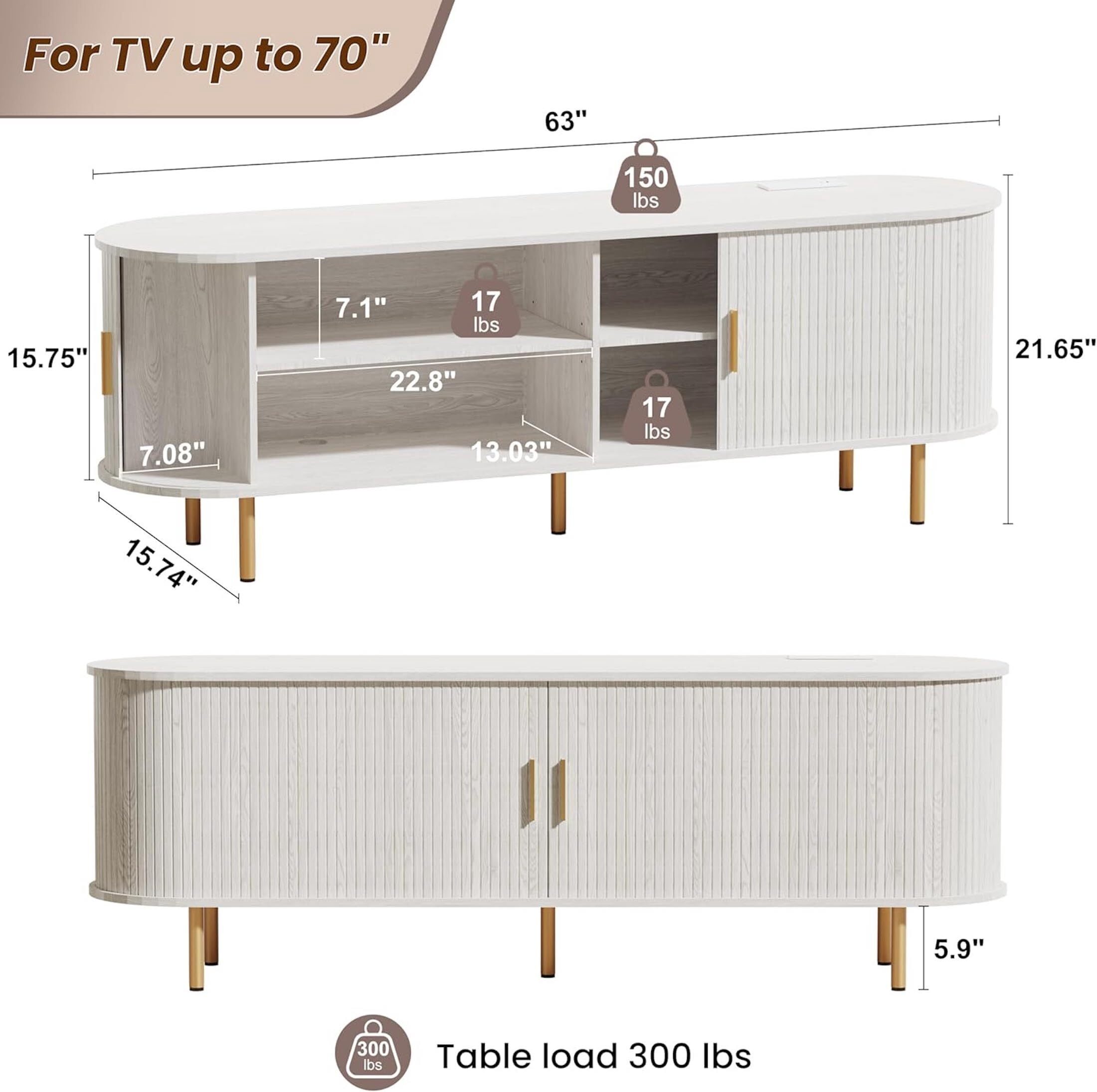 Aisword 63 Inch TV Stand with Power Outlet for TVs up to 70 Inch, Entertainment Center with Storage and Adjustable Shelves, Media Console with Sliding Doors for Living Room, White