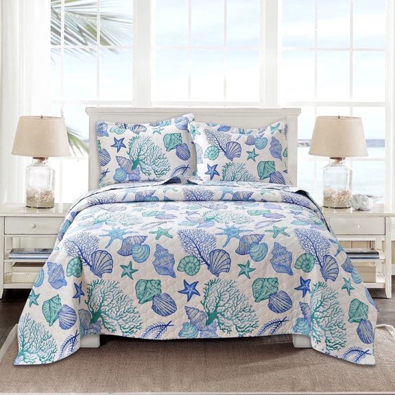 Beartech Ocean Quilt Twin Size Coastal Blue Bedspread Microfiber Cabin Bedding Set