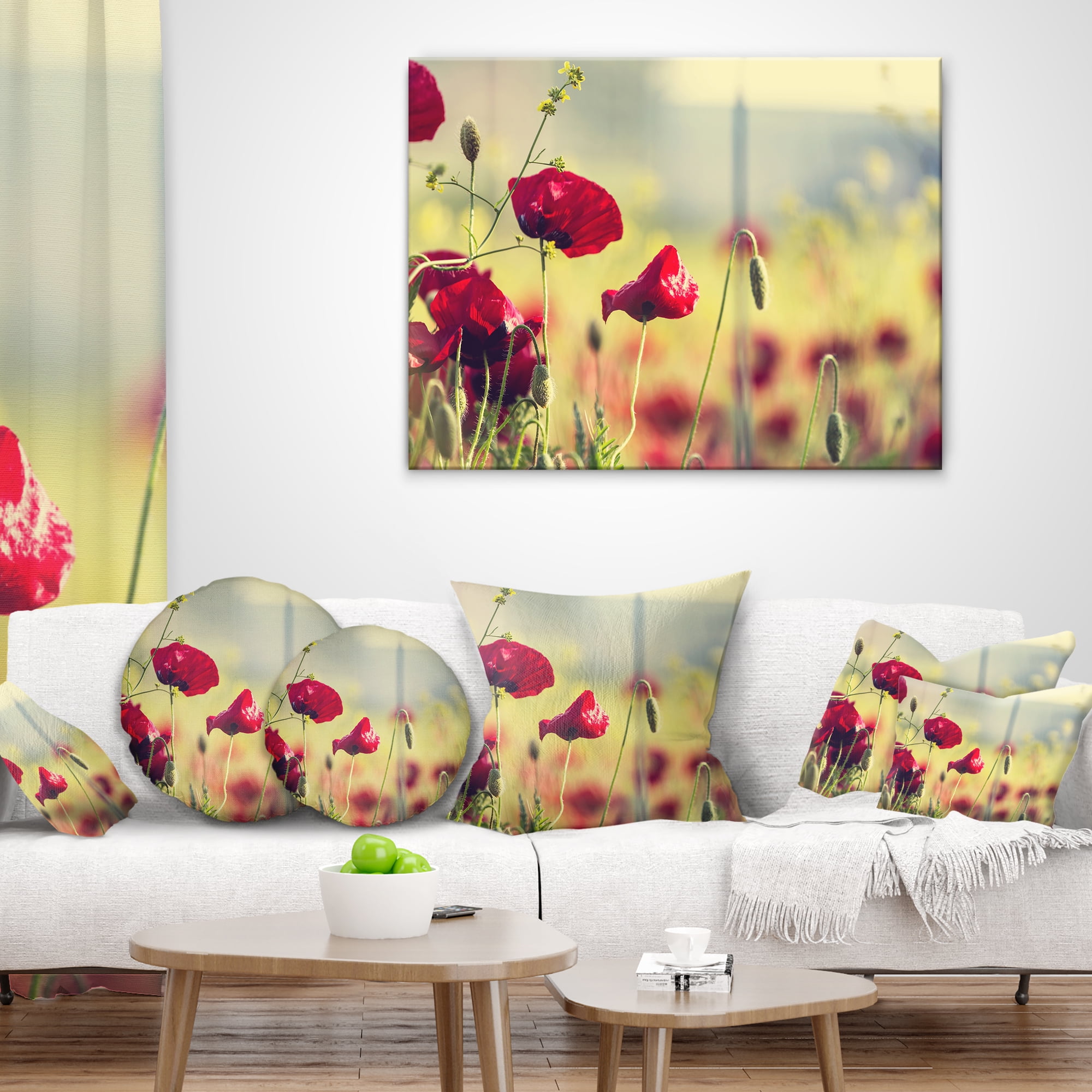 Designart Poppy Flowers on Green Background - Floral Throw Pillow - 16x16