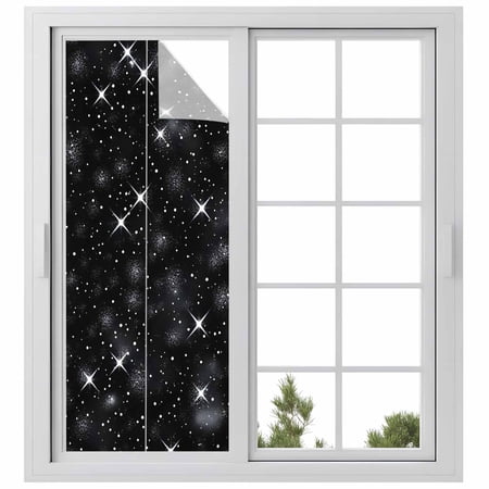Starry Sky Window Privacy Film, Modern Black Abstract Dots Stars Aesthetic Static Cling UV Sun Blocking Heat Control Window Tint Day and Night, Non-Adhesive One Way Windows Privacy Cover 23.6''x59''