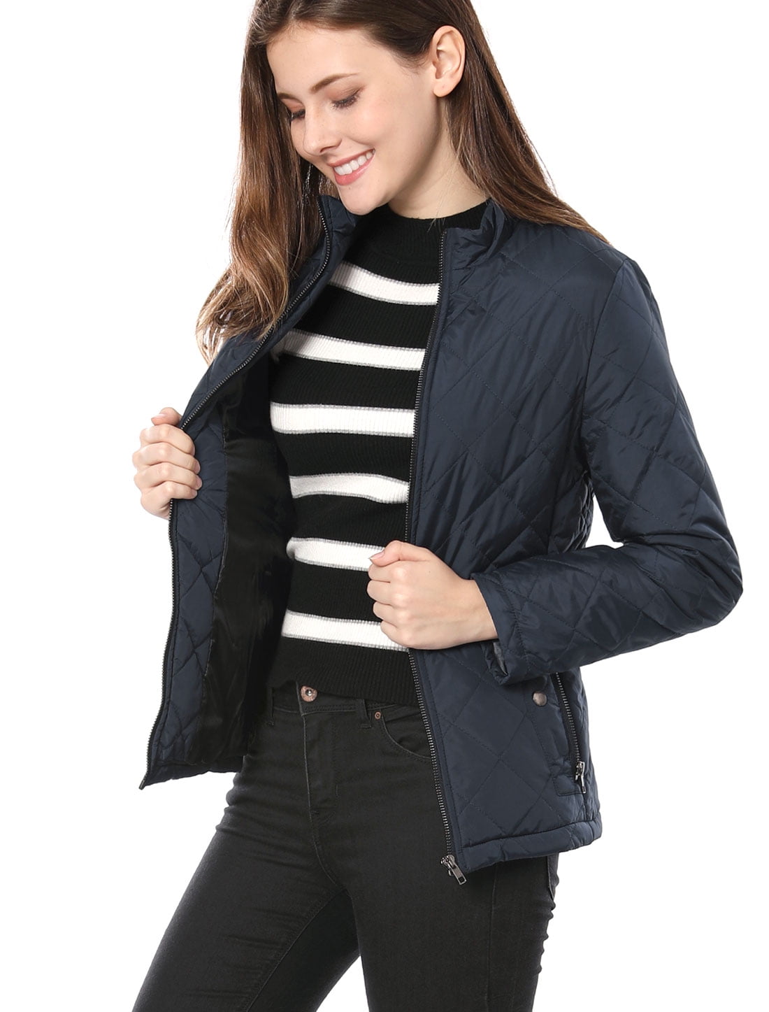 Unique Bargains Women's Zip Stand Collar Lightweight Quilted Jacket