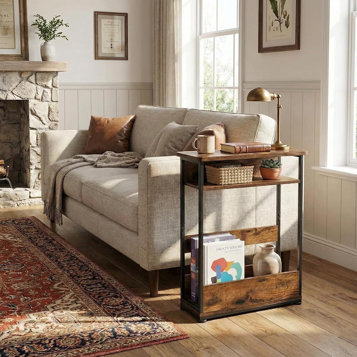 End Table for Narrow Space, 3 Tier Narrow Side Tables Modern Sofa Table with Storage Shelf, Bedside Table Slim Nightstand with Magazine Rack Living Room Home Office,Brown