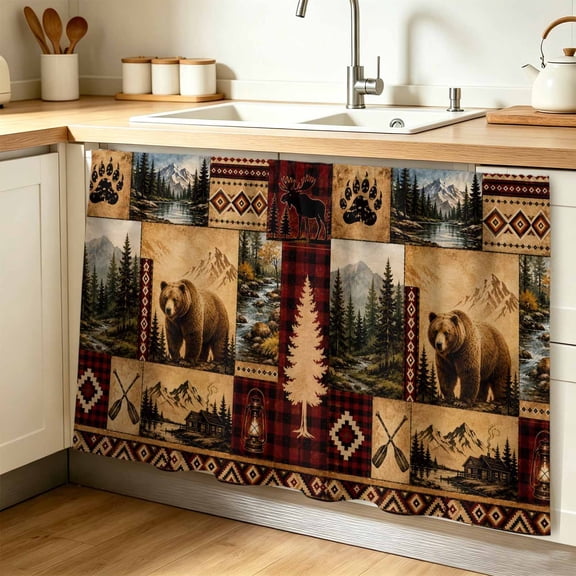 Wildlife Patchwork Rustic Cabinet Curtain 28"W x 51"L, Country Bears Canbin Forest Dust-Proof Privacy Curtain for Closet Shelves Self Adhesive, Sink Skirt for Bathroom Vanity Kitchen Laundry Room