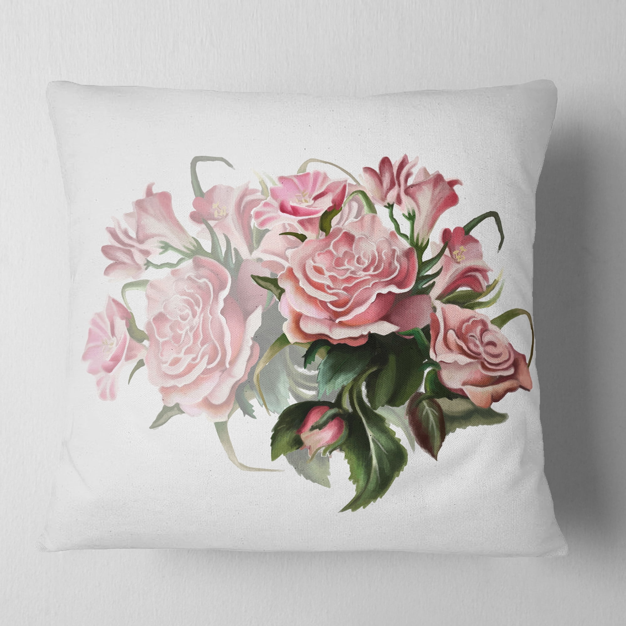 Designart Pink Rose Bouquet Watercolor - Floral Throw Pillow - 16x16