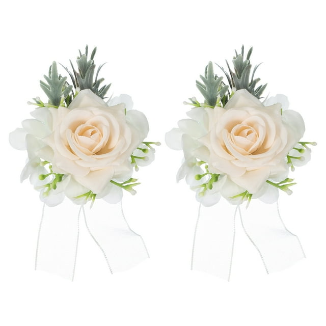 Uxcell 2 Pcs Corsage de Muñeca de Flores Beige, Pulseras de Flores Artificiales para Boda Novia Novio Ceremonia Aniversario Prom Fiesta