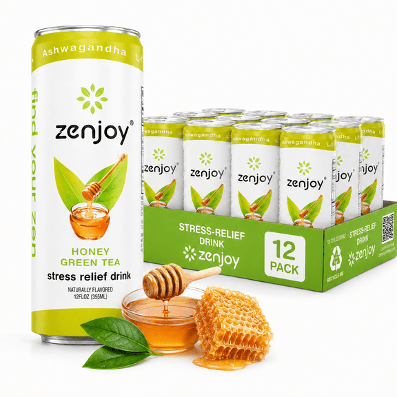 Zenjoy Stress Reief Drink, Calming Green Tea, Non Alcoholic, Ashwagandha & Lemon Balm for Stress Relief, L - Theanine for Focus (12 Pack) (Honey)