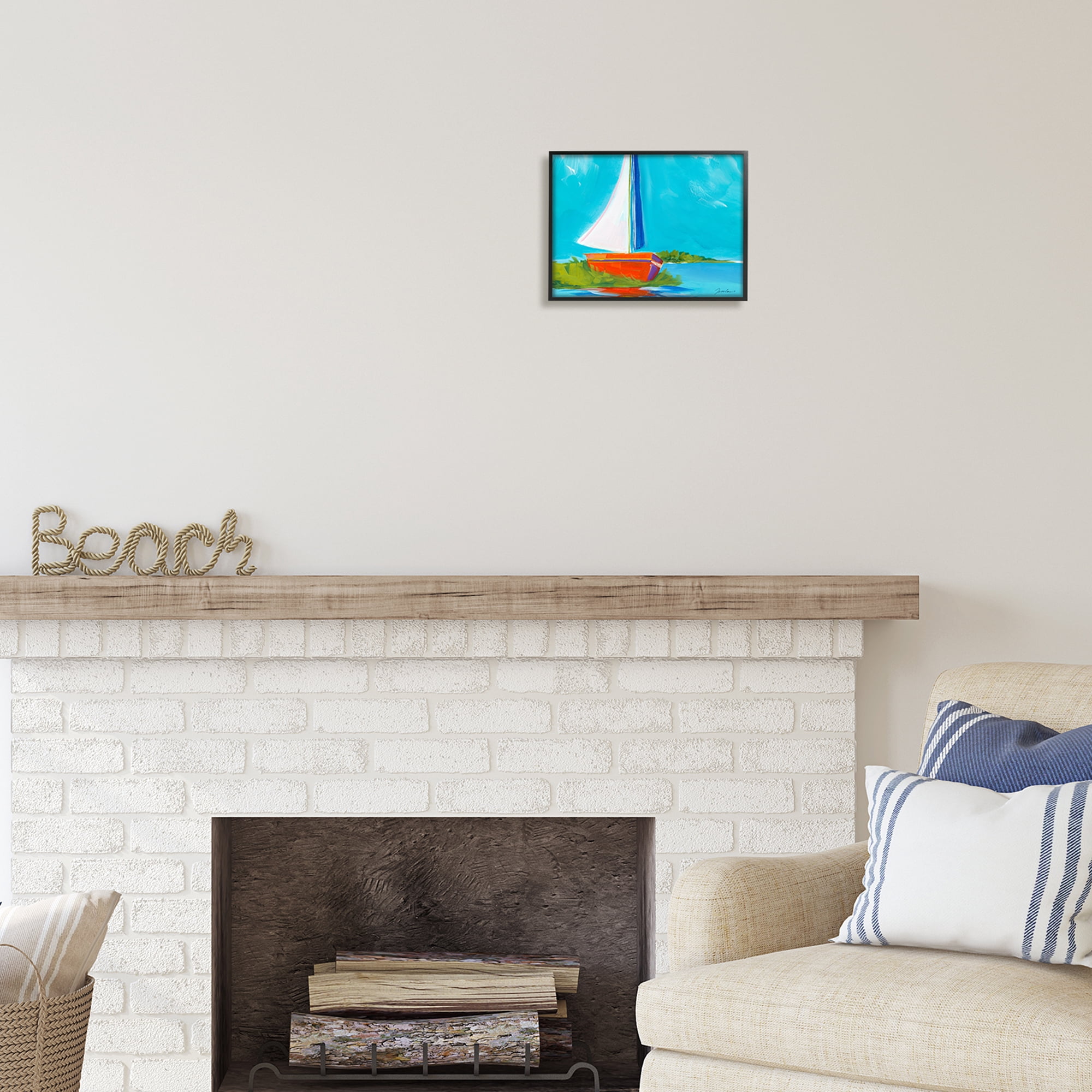 Stupell Industries Modern Sailboat on Shore Transportation Painting Black Framed Art Print Wall Art, 14 x 11