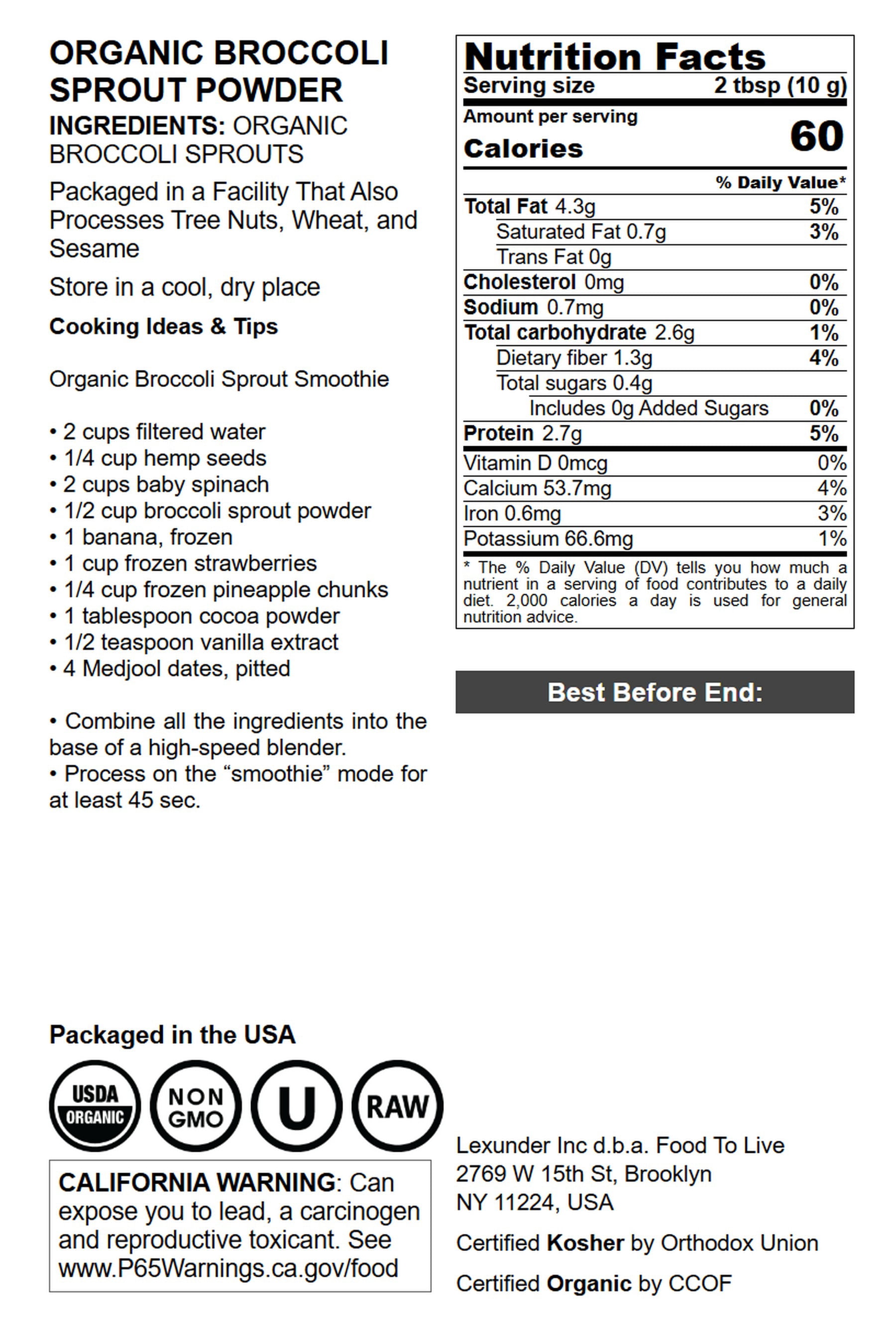 Organic Broccoli Sprout Powder, 1 Pound – Non-GMO, Kosher, Sirtfood, Pure, Vegan