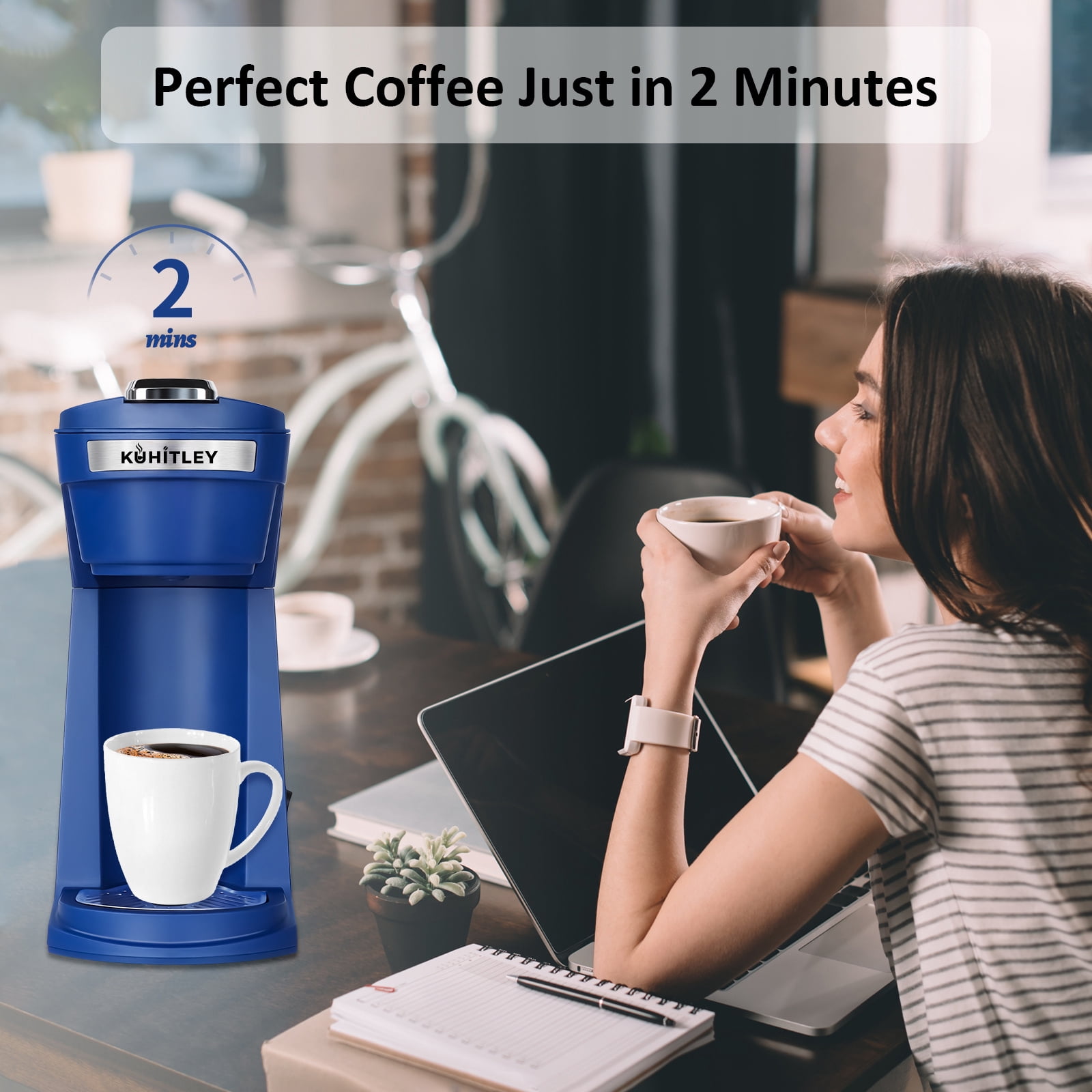 2 in 1 Single Serve Coffee Maker for K Cup Pods & Ground Coffee, Mini K Cup Coffee Machine with 6 to 14 oz Brew Sizes, Single Cup Coffee Brewer with One-Press Fast Brewing, Reusable Filters,Blue