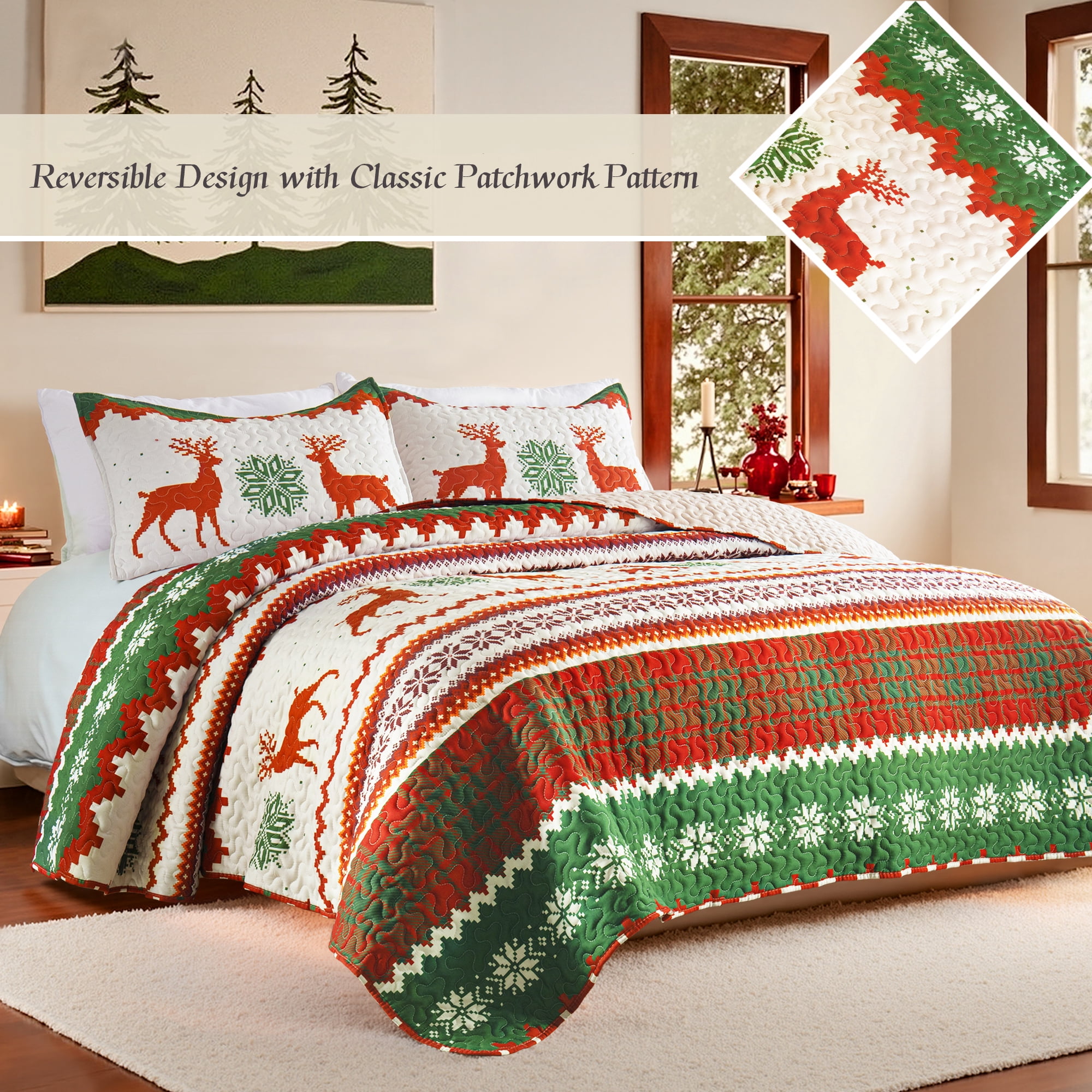Whale Flotilla Reversible Patchwork Quilts Queen Size, Lightweight Boho Printed Bedspreads Coverlets Full Size Quilt Bedding Set with 2 Pillow Shams for All Seasons, Happy Snowflake