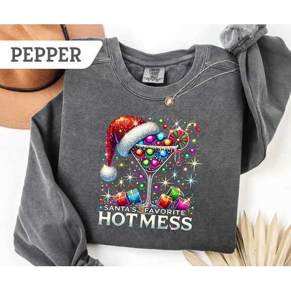 Santa's Hot Mess Sweatshirt, Christmas Martini Tee, Christmas Drink Sweater, Christmas Party T-Shirt, Christmas Sweater