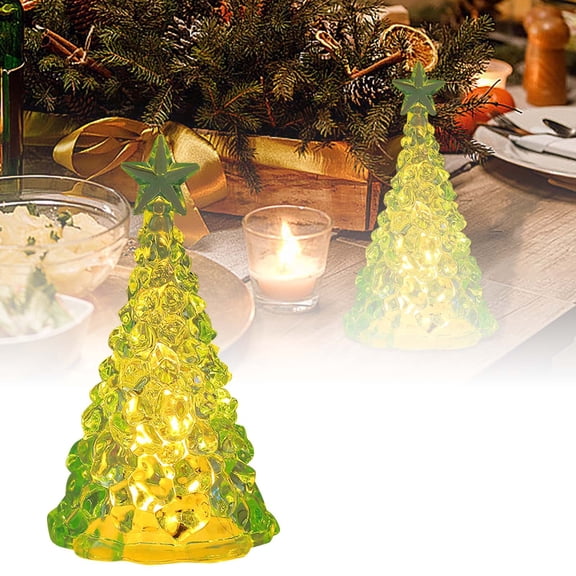 Color Changing LED Christmas Tree Night Light - 8 Inch Lighted Tabletop Decor with Glitter Acrylic Figurine, Battery Operated Mini Xmas Tree for Home, Bedroom, Holiday Party Decorations