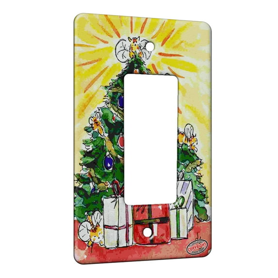 KuzmarK™ 1 Gang Rocker Wall Plate - Christmas Tree with Tiny Tiger Kitty Fairies Cat Art by Denise Every