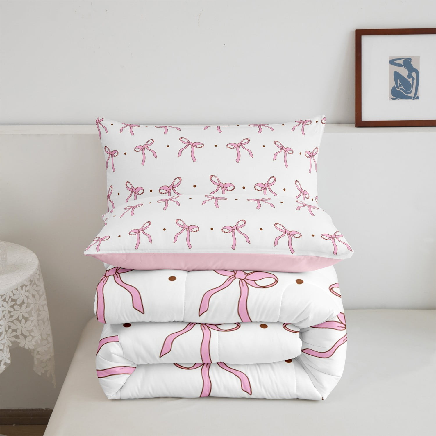 Erosebridal Pink Bowknot Comforter Set Twin Bow Tie Bedding Cute Dots Print Bedding Comforter Sets Aesthetic Coquette Bedroom Decor Princess Style Duvet Insert