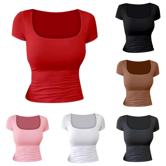 Rggeeun Women'S T-Shirts Solid Color Slim Fit Short Sleeve Square Neck Knit Soft Lightweight for Summer Gym Trendy Tee,Red,L