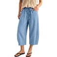 thumbnail image 4 of Wide Leg Capri Pants Women Flowy Cotton Drawstring Elastic Waist Cropped Pants Summer Casual Boho Beach Pants with Pockets Light Blue, 4 of 9