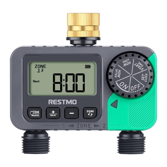 RESTMO Minuterie d'Arrosage avec Entrée en Laiton, Minuterie d'Arrosage Programmable pour Boyau d'Arrosage, Commande Numérique Automatique / Marche/arrêt Manuels / Ra