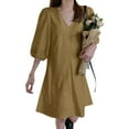 thumbnail image 6 of VONDA 3 Colors Women V-Neck Puff Sleeve Pure Color Casual Loose Mini Dress, 6 of 6