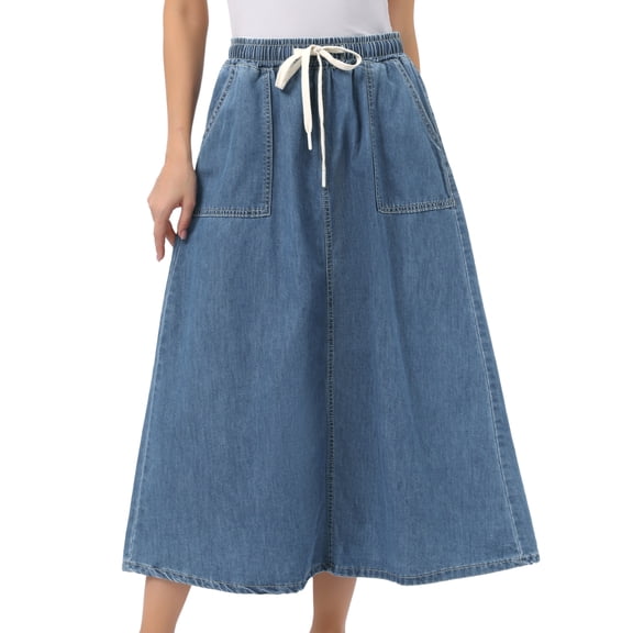 DARING DIVA Women's Elastic Waist A Line Long Jean Skirts X-Small Blue