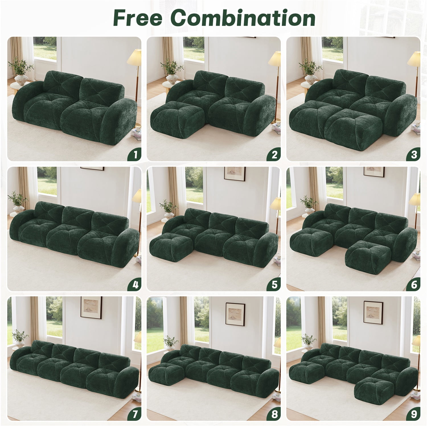 Hommoo 110" Boneless Sofa With Tufted, Luxruious Velvet Fabric Modular Sectional Sofa Couches, for Living Room Apartment, Green